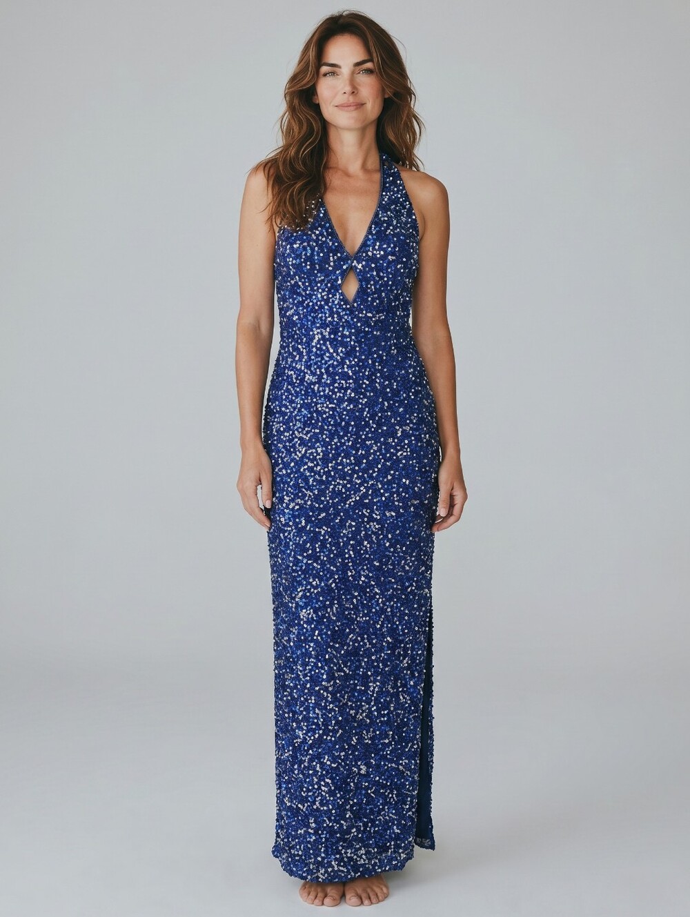 SCALA Halter V-Neck Sequin Evening Gown in Royal Blue...Size Medium